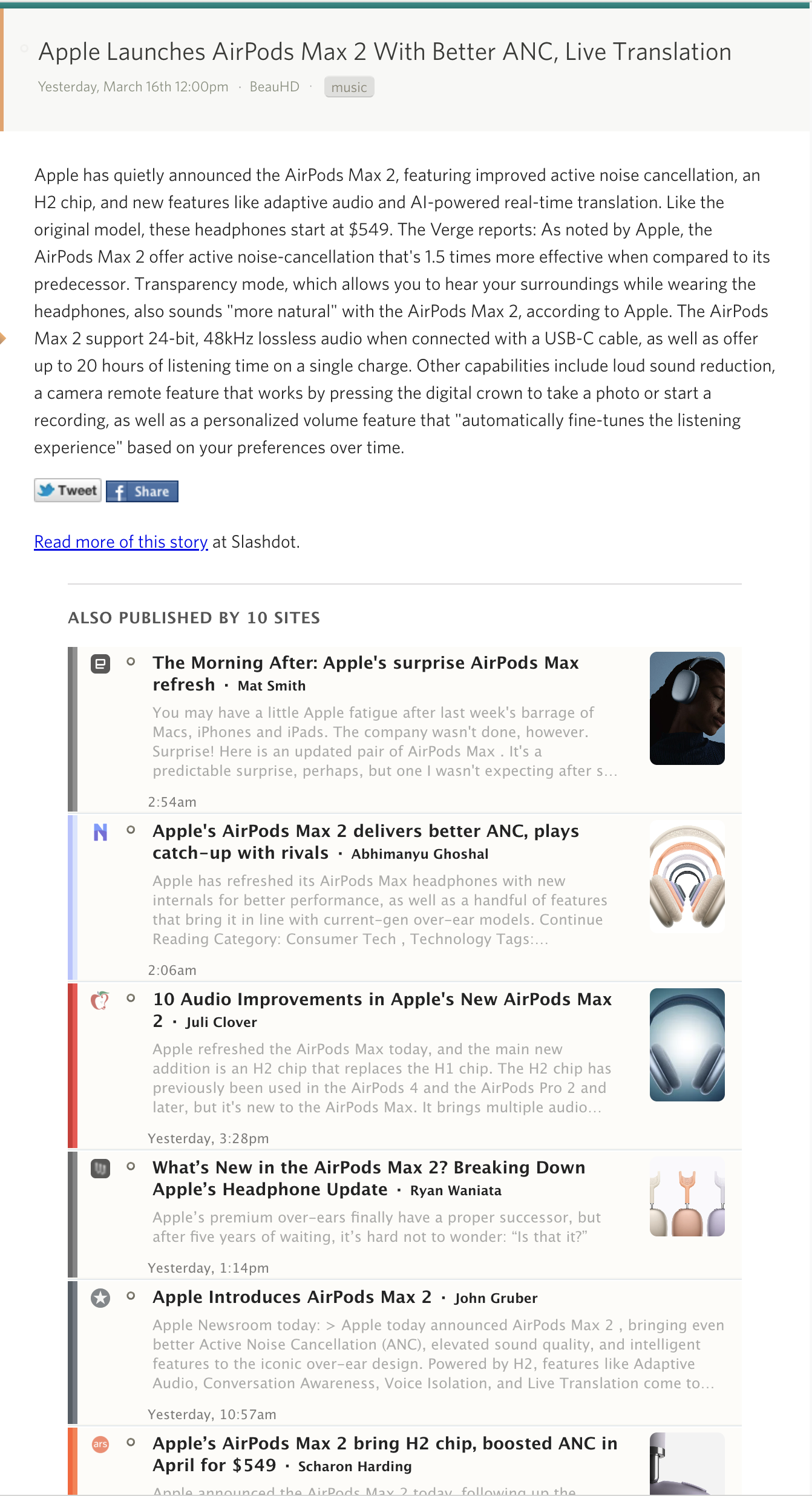 Story detail view showing cluster cards for alternative sources